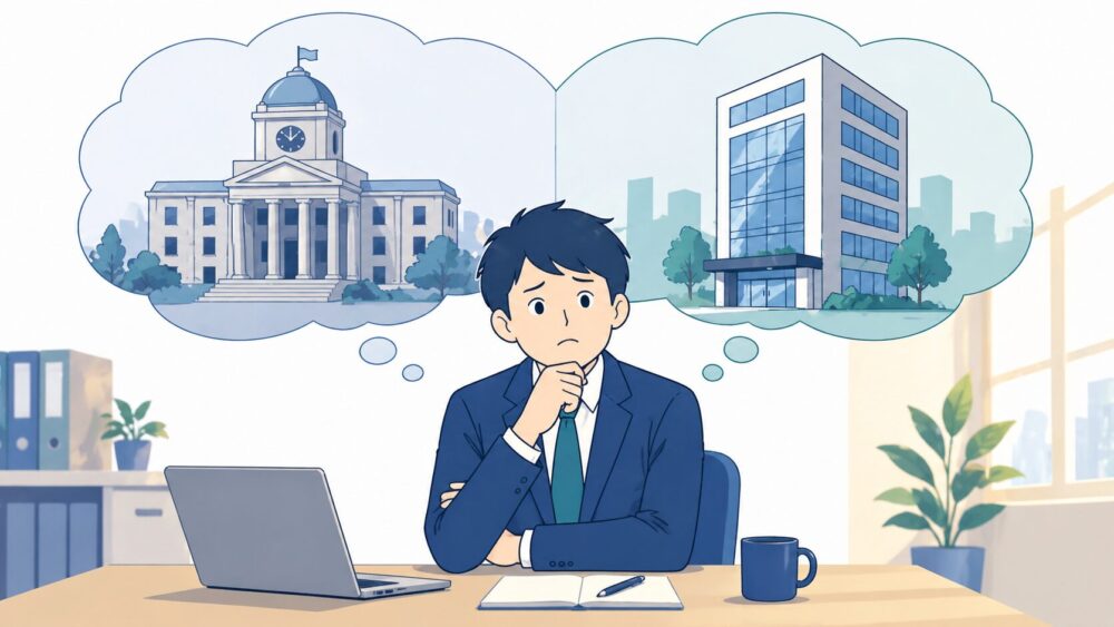 公務員から転職後に悩む会社員のイラスト