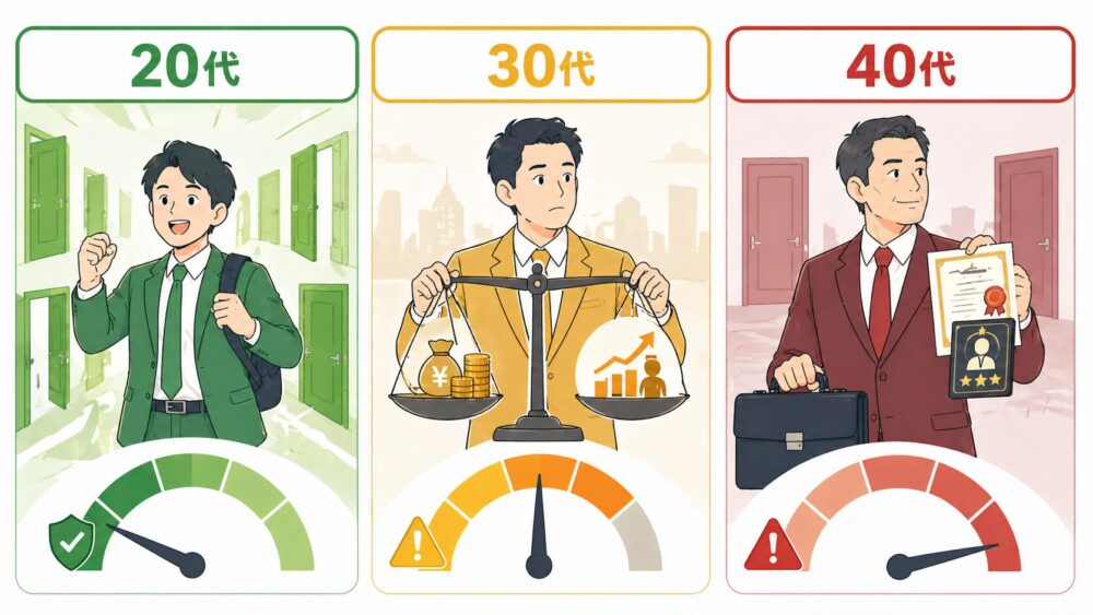 20代・30代・40代別の公務員転職リスクと対策を比較したインフォグラフィック